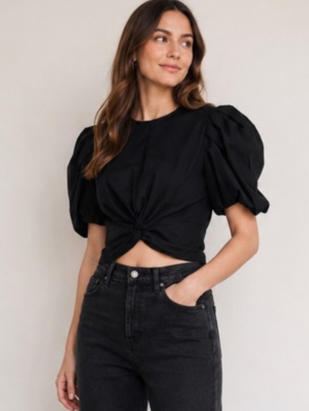 Vince Twist Knot Puff Sleeve Blouse‎ In Black Cotton Casual Crop
